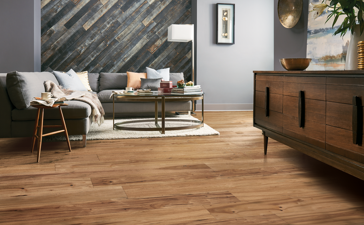 oak hardwood flooring in a modern, industrial style living room