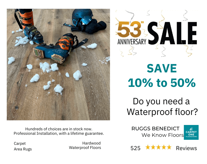 ski boot with snow on waterproof flooring
