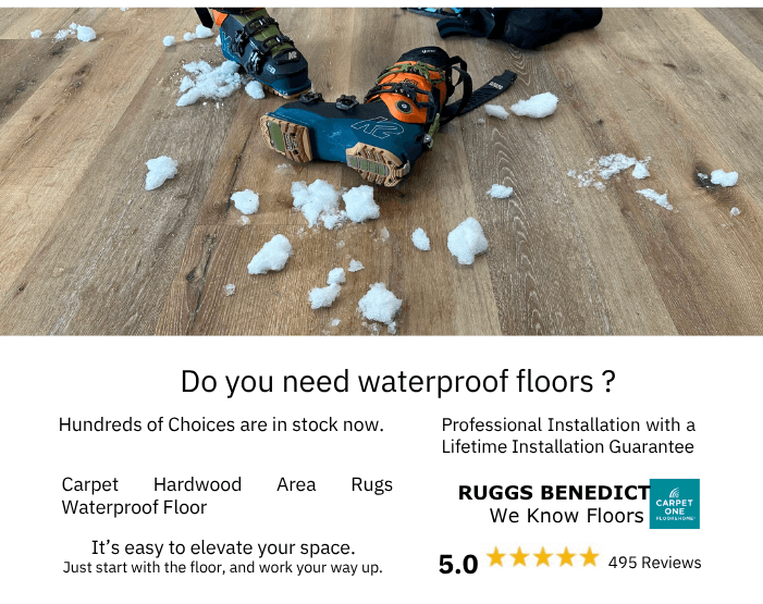 ski boot with snow on waterproof flooring