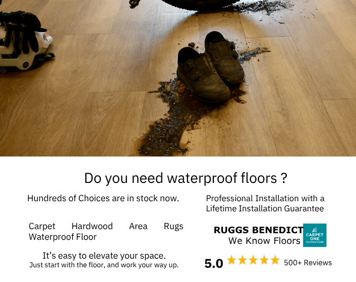 ski boot with snow on waterproof flooring
