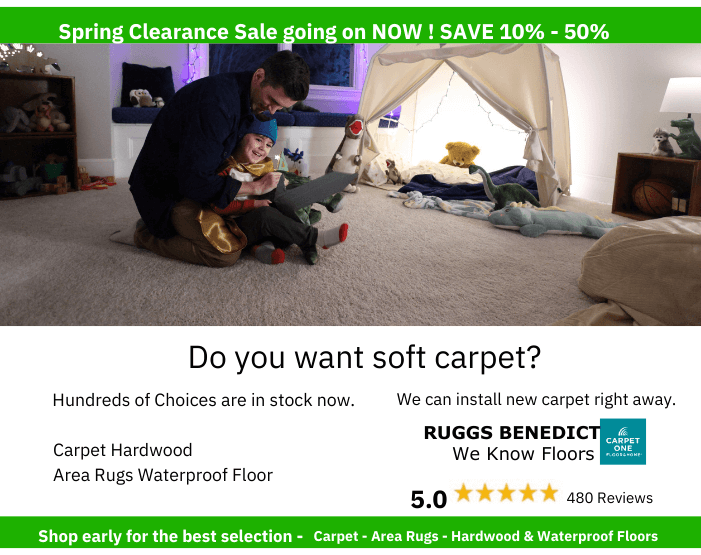 Father and son sitting on beautifully installed carpet