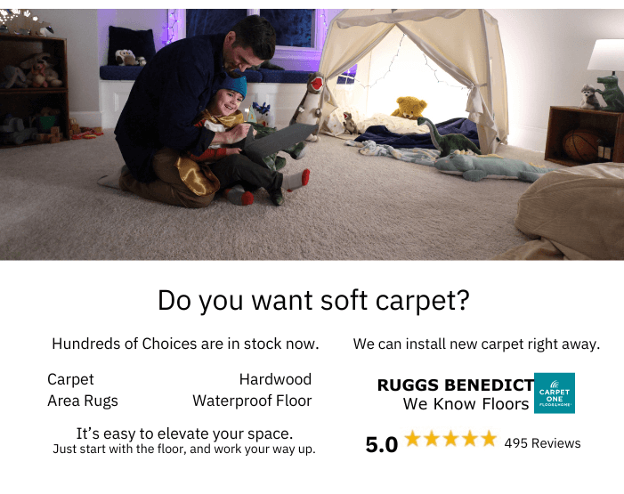 Father and son sitting on beautifully installed carpet