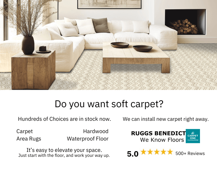 Father and son sitting on beautifully installed carpet